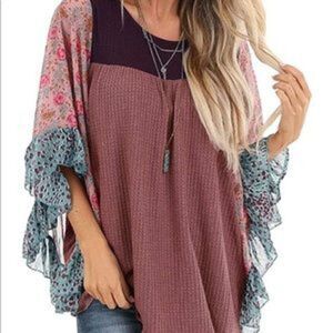 New Floral Sleeves Batwing Blouse